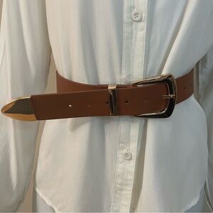 Brown PU leather gold tone buckle skinny belt